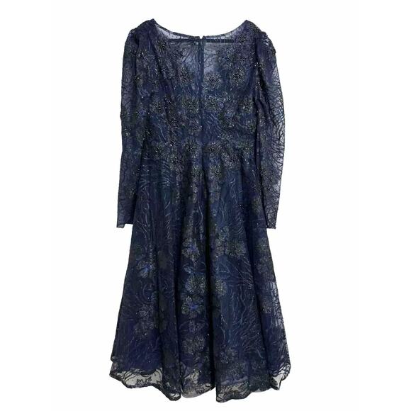 NWT MAC DUGGAL 20286 Embellished Plunge Neck‎ Illusion Long Sleeve Midi Dress 12 - Picture 6 of 7